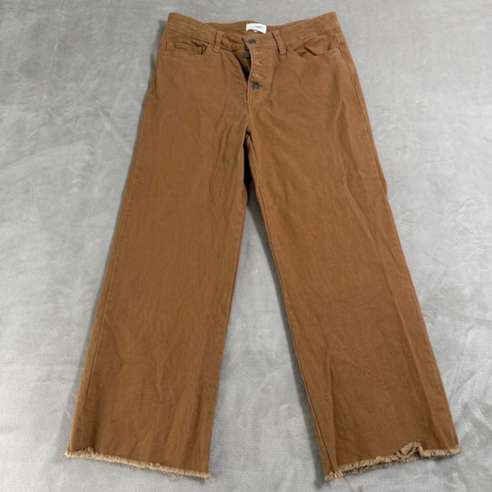 AnnieWear Los Angeles Women Brown Wide Leg Raw‎ Hem Button Fly Pants Size L